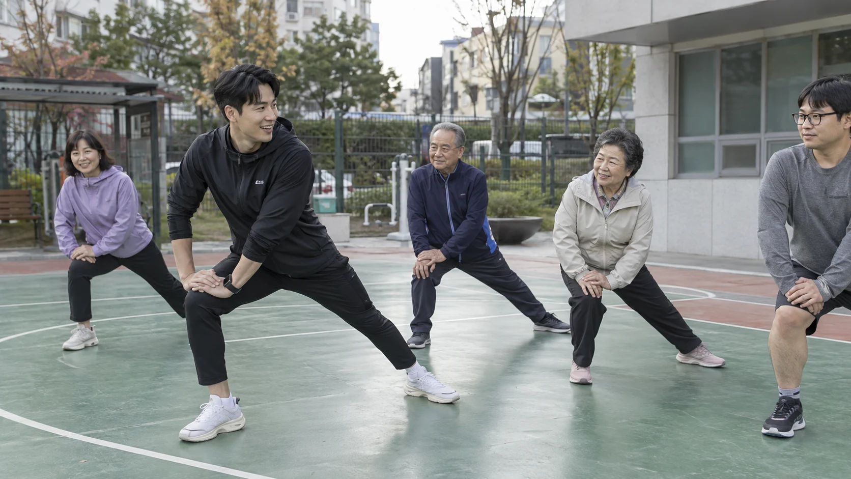 지역 주민들과 준비운동을 함께하는 지도자